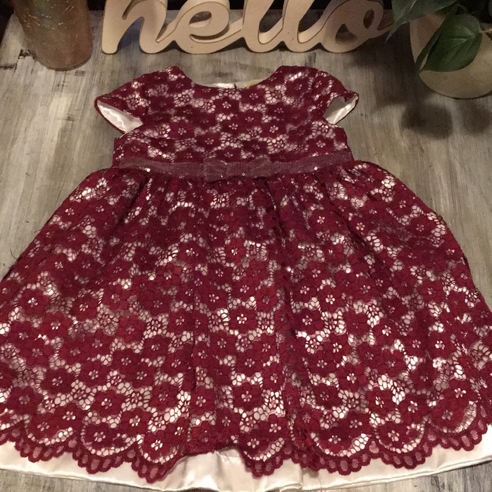 Girls Maroon/white lace overlay dress